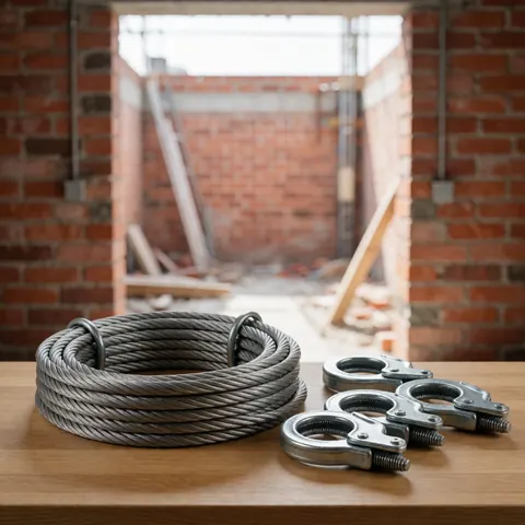 Coiled steel cable and metal clamps resting on a wooden table with a blurred construction background featuring red bricks and metal structure.