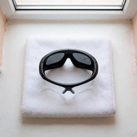 Black safety glasses resting on a white towel near a window with natural light for aesthetic dermatology use