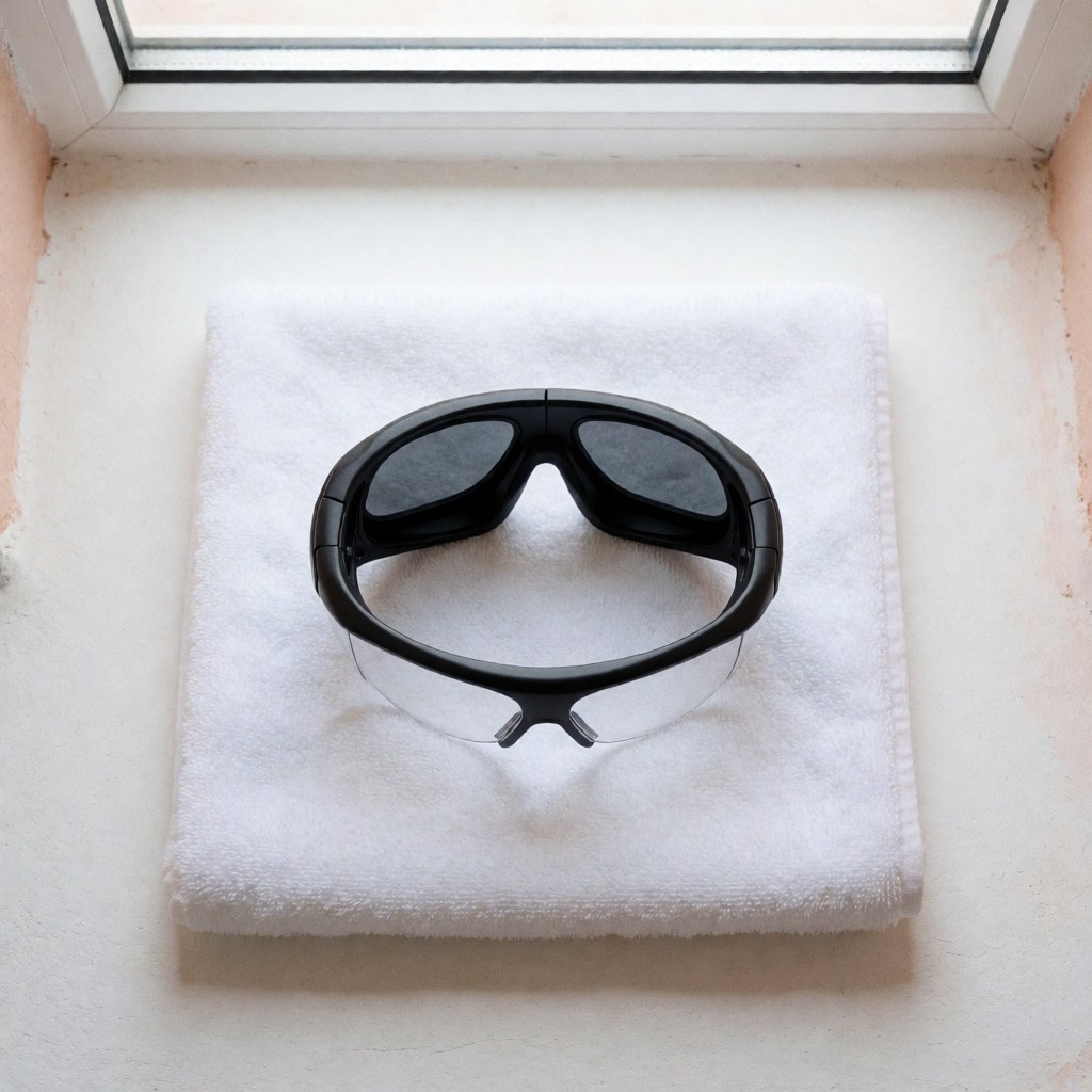 Black safety glasses resting on a white towel near a window with natural light for aesthetic dermatology use