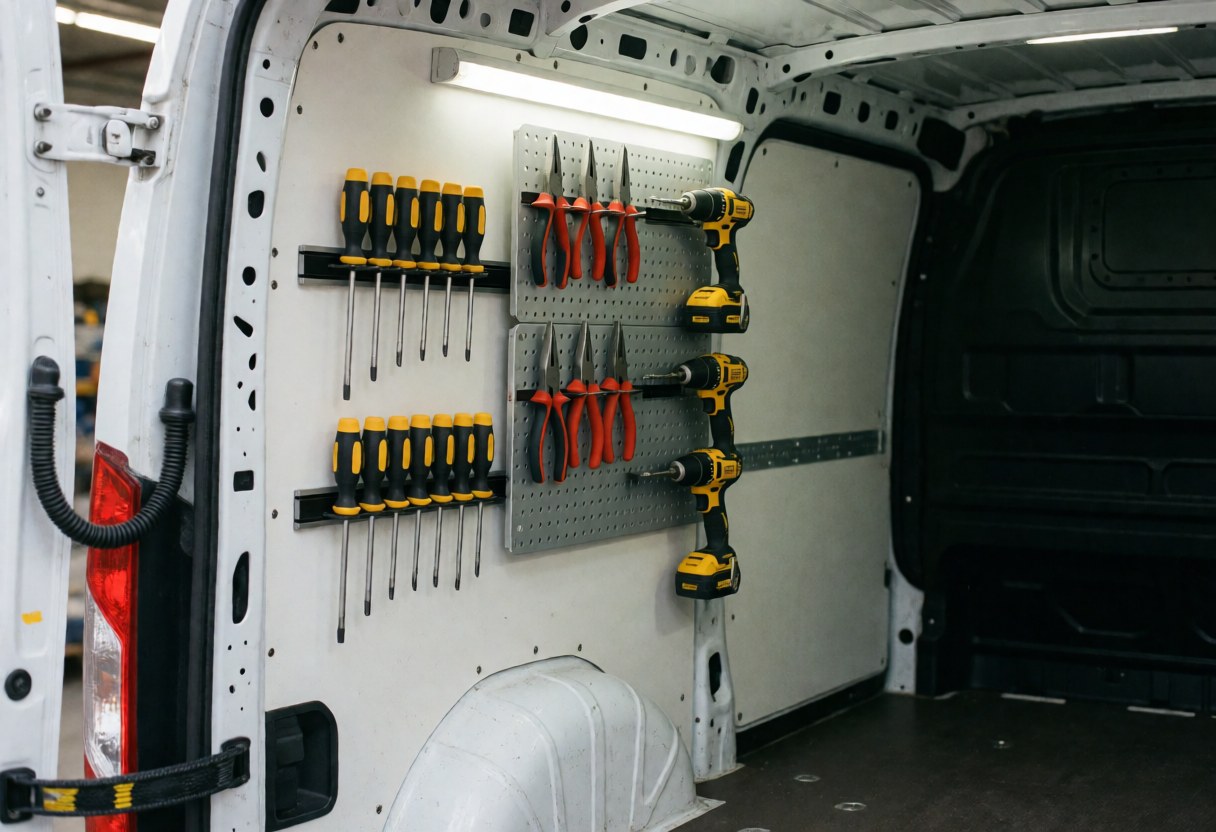White van interior with screwdrivers, pliers, and drills on the dashboard and magnetic mounts under fluorescent lighting, ideal for installation services.
