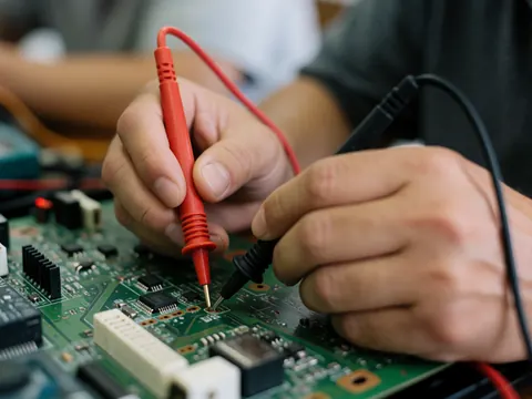 Close-up of a multimeter probe measuring voltage on a green TV circuit board during repair work