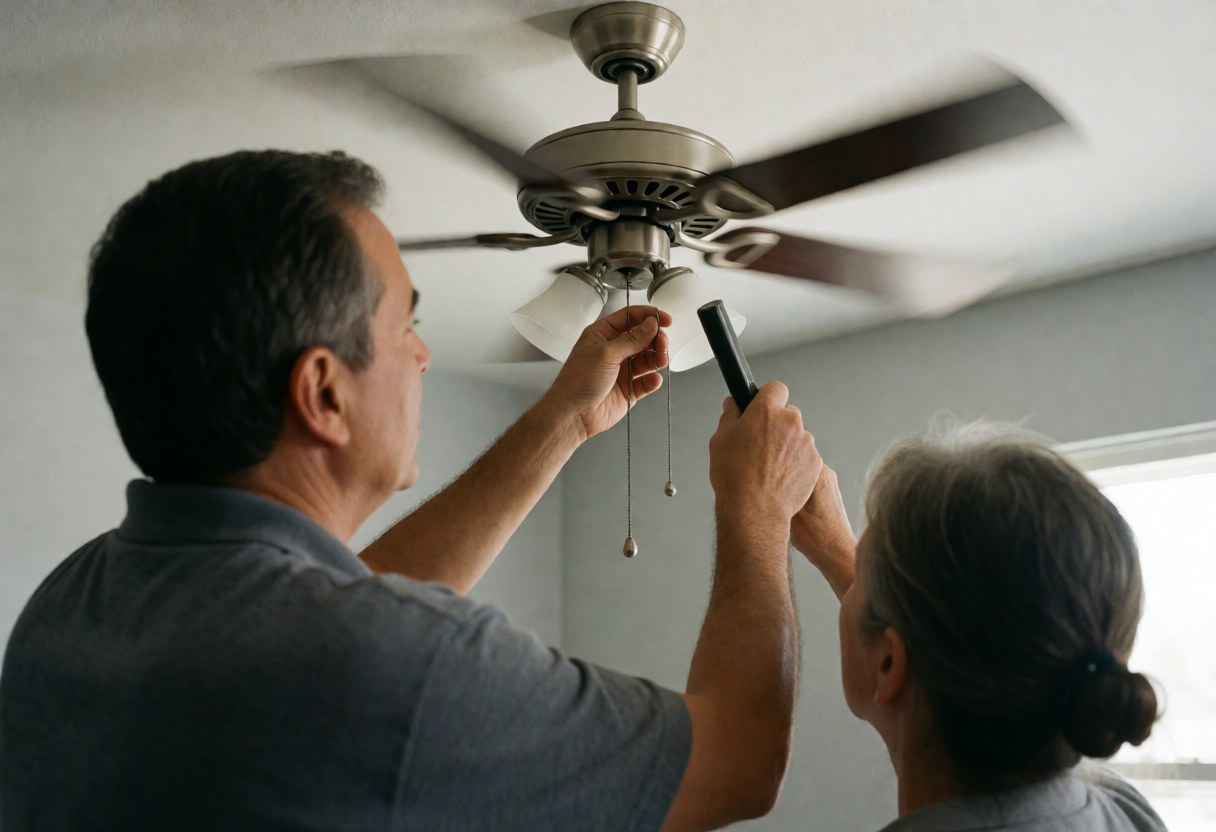 A technician adjusts the control chains of a running ceiling fan in a room with gray walls.