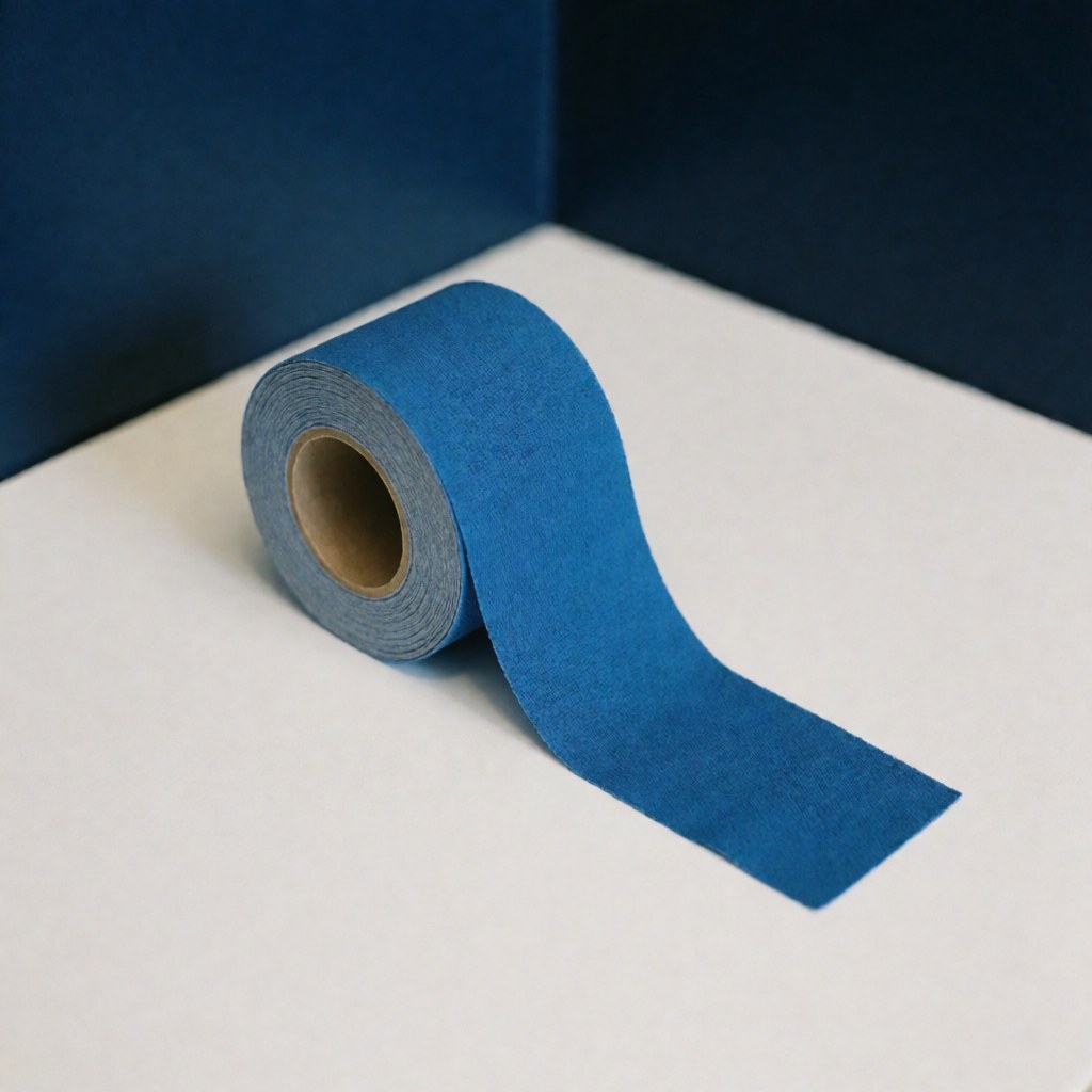 Close-up of blue kinesiology tape with fabric texture on a white background, used for sports massage therapy and rehabilitation