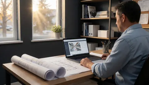 Cctv technician reviewing architectural plans and configuring software on a laptop near a window with natural light