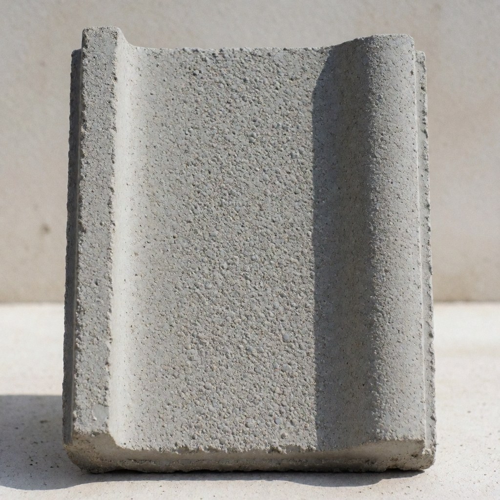 Close-up of a rectangular gray concrete tile with a distinct granular texture, showcasing its modern design under natural lighting.
