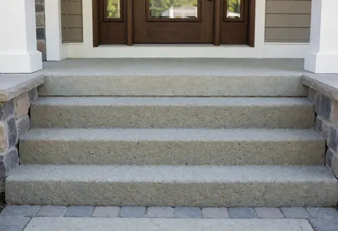 Clean concrete staircase with stone edging leading to a wooden door with glass panels, illuminated by natural light on a tidy porch.
