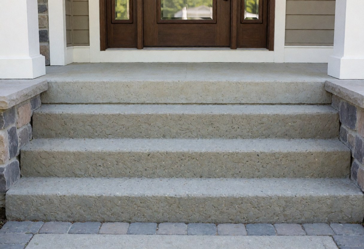 Clean concrete staircase with stone edging leading to a wooden door with glass panels, illuminated by natural light on a tidy porch.