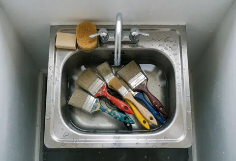Used paint brushes soaking in soapy water inside a stainless steel sink with a sponge nearby