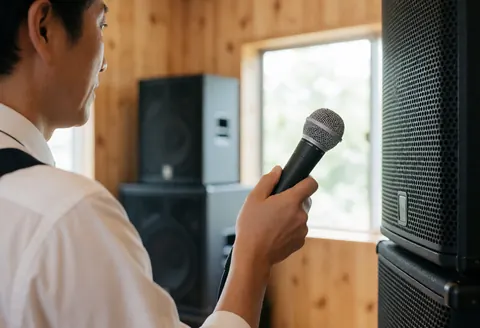 A sound technician adjusts a black dynamic microphone near a speaker in a room with wood panels and natural light.