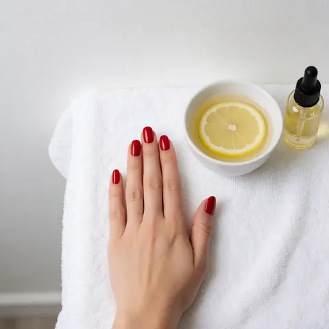 A hand with bright red nails resting on a white towel beside a bowl of water with lemon slices and a cuticle oil bottle