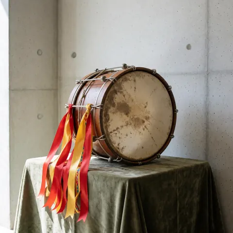 A murga drum decorated with red and yellow ribbons placed on a velvet table in a studio with concrete walls