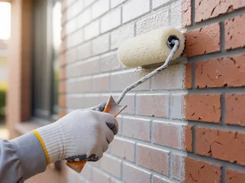 Close-up of a gloved hand using a roller to apply a protective coating on a red brick wall, highlighting the texture under natural light.