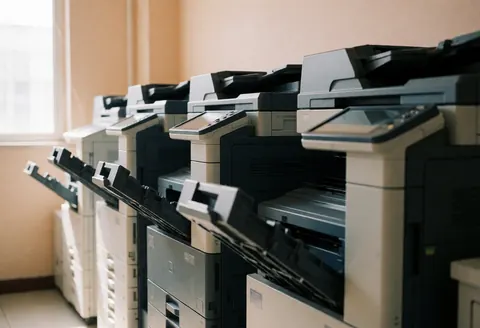 Professional multifunction copiers with open trays, illuminated by natural window light, beige walls, office environment