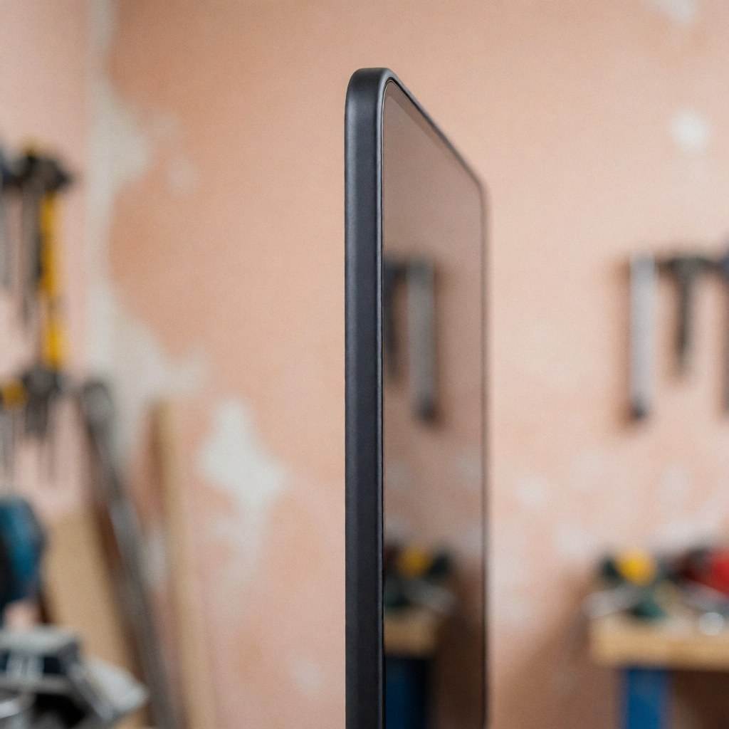 New cell phone screen with rounded black border shown in side view at workshop with blurred tools on terracotta background