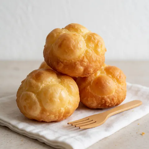 Three freshly fried golden cheese fritters resting on a white napkin with a wooden fork nearby against a soft kitchen background