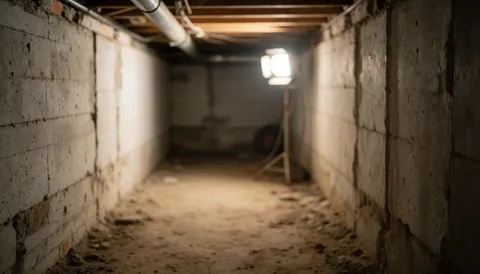 Concrete foundation walls and dirt floor with a single industrial work light in the background, providing a textured backdrop for text.