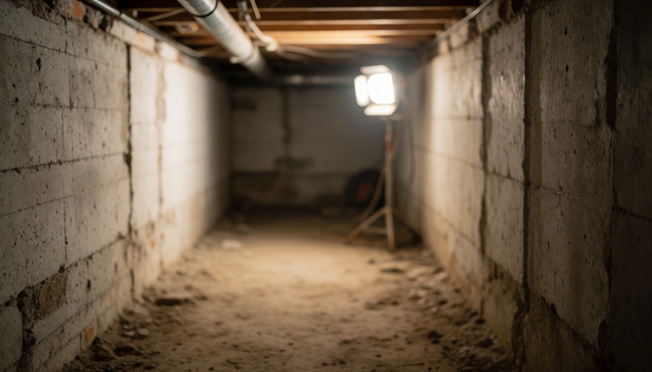 Concrete foundation walls and dirt floor with a single industrial work light in the background, providing a textured backdrop for text.