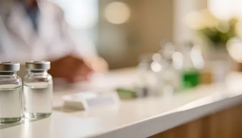 Glass bottles with clear liquid on a white counter, warm blurred bokeh background, serene and professional homeopathy dispensing atmosphere