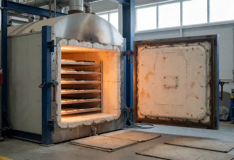 Open industrial glass kiln showing shelves with glass pieces cooling inside, illuminated by warm interior light and natural light from a high window.