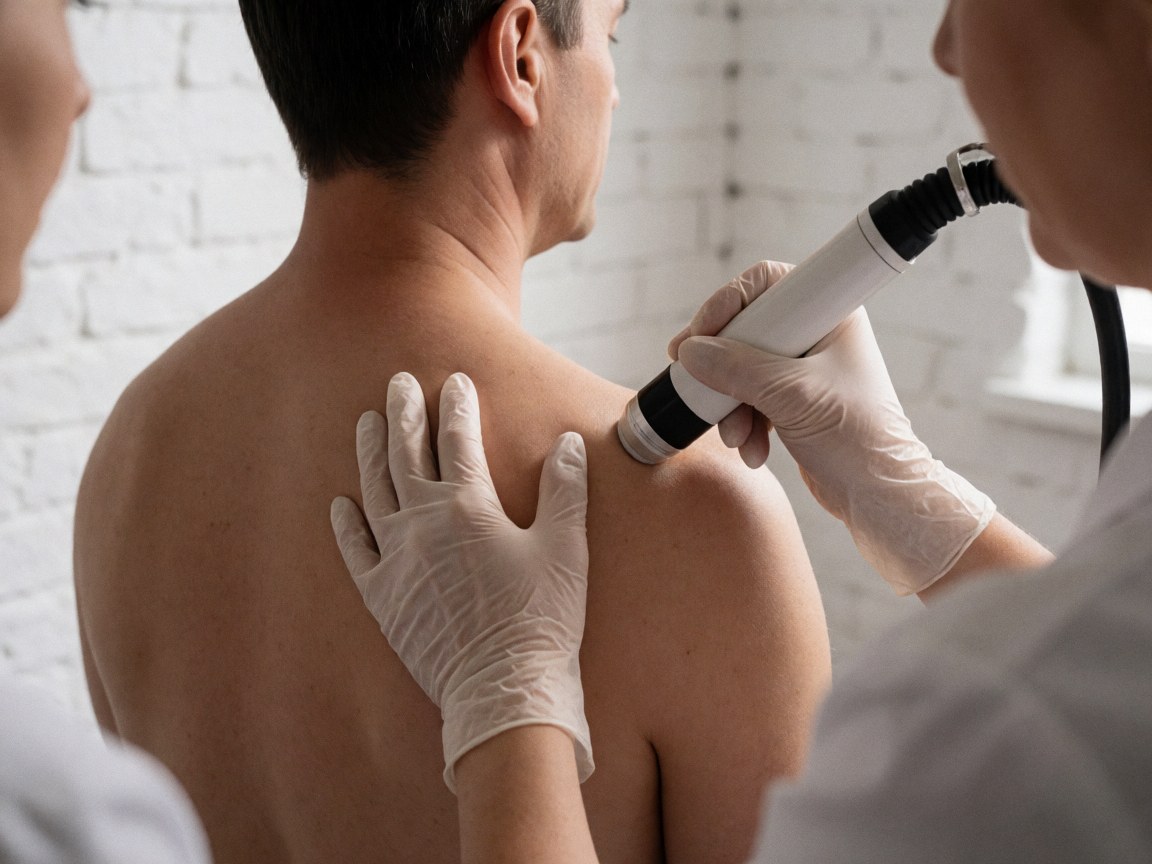 Close-up of a gloved hand using a laser device on a client's shoulder against a white brick wall with soft lighting