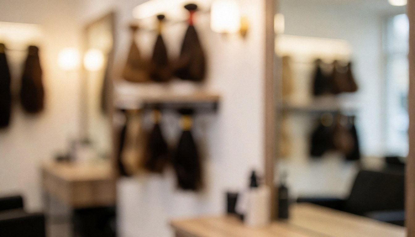 Blurred background of a hair salon with hair extensions on hangers, work tables, and mirrors, featuring warm professional lighting suitable for text overlays.