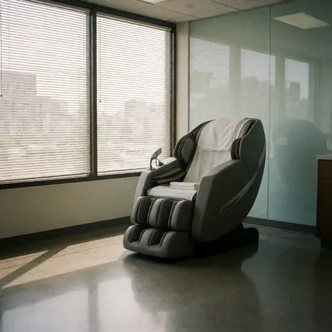 Gray massage chair with white towels in a professional lounge with windows and natural light