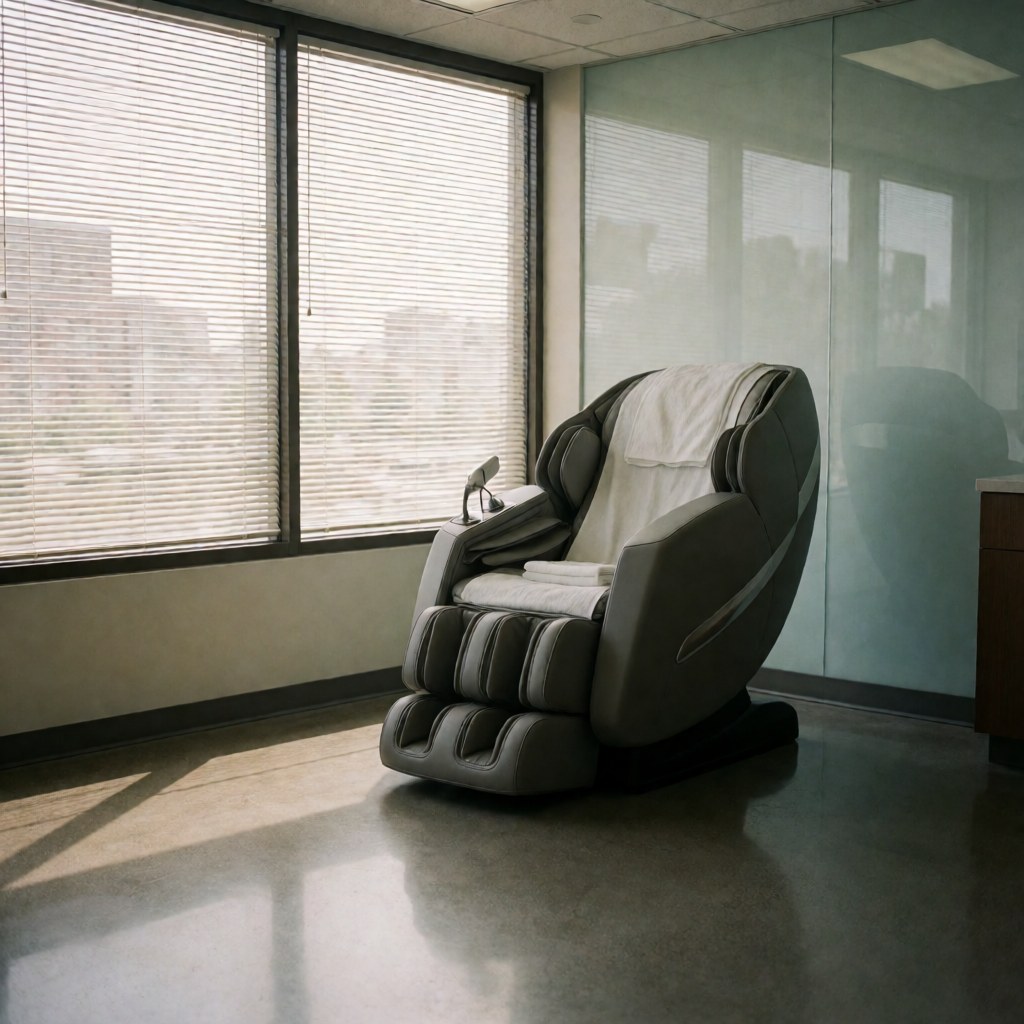 Gray massage chair with white towels in a professional lounge with windows and natural light