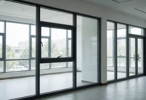 Empty commercial space with large aluminum windows illuminated by natural light, ideal for a window repair business storefront or interior.