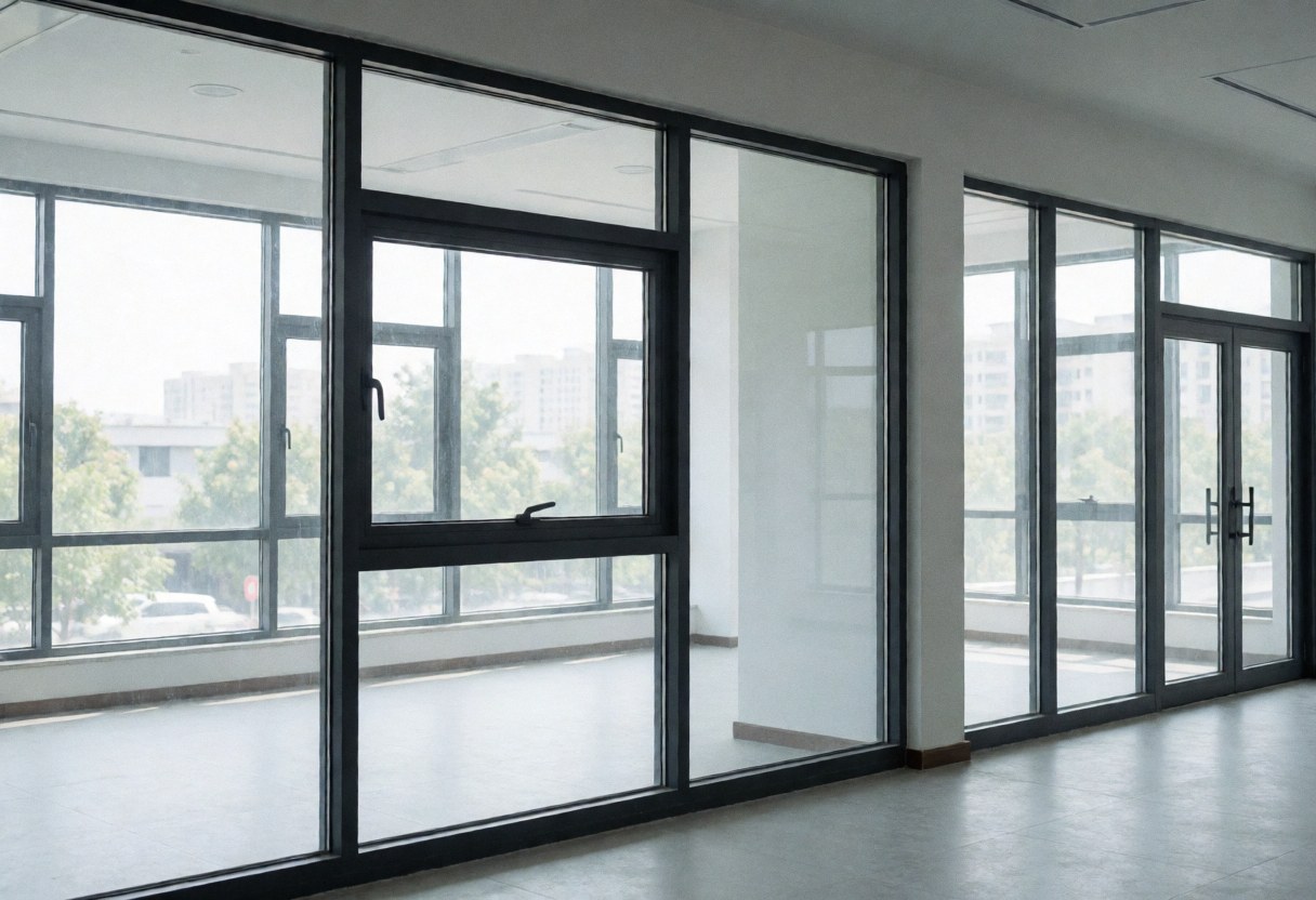 Empty commercial space with large aluminum windows illuminated by natural light, ideal for a window repair business storefront or interior.
