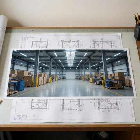 Architectural blueprint of a warehouse displayed on a drafting table with visible structural details and construction plans.