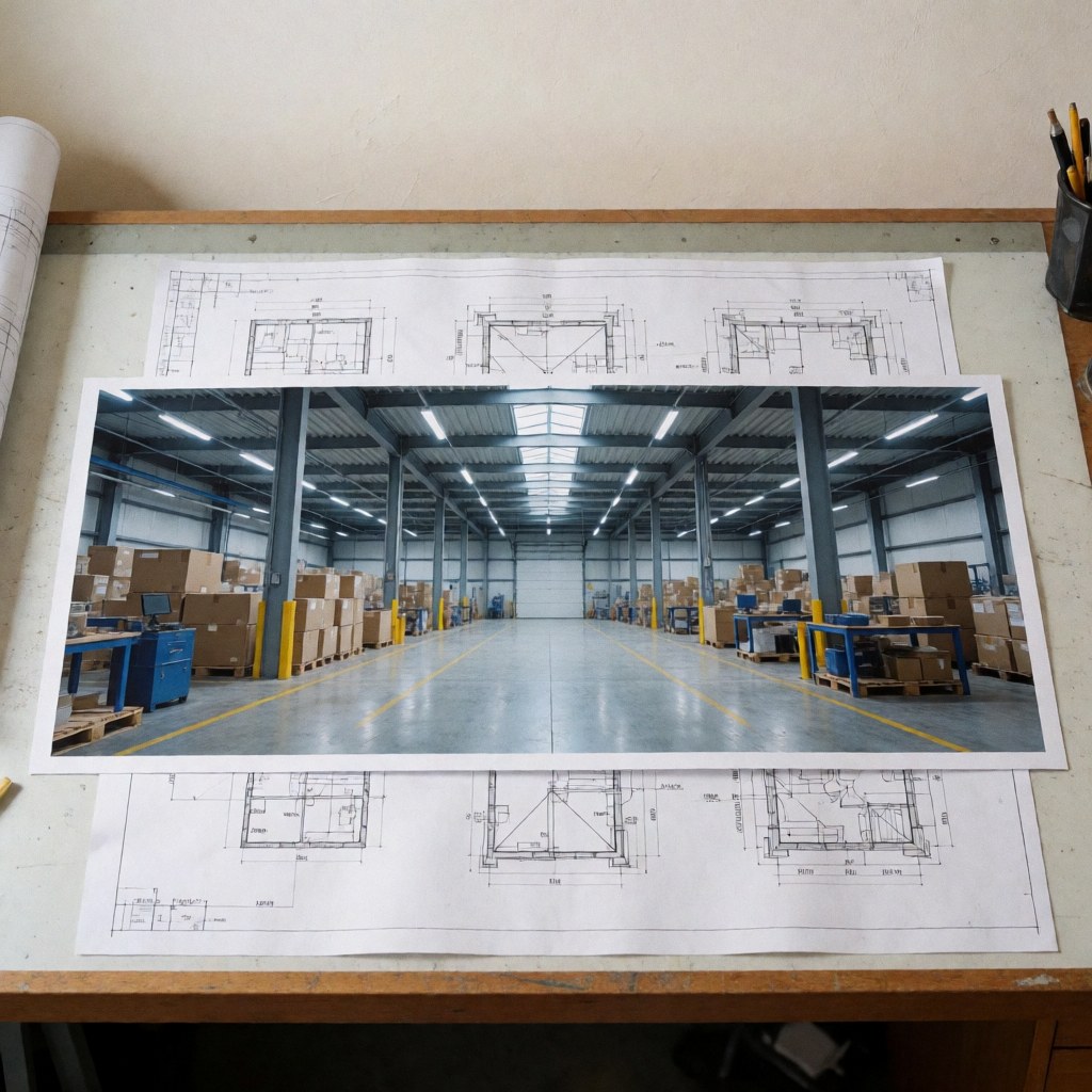 Architectural blueprint of a warehouse displayed on a drafting table with visible structural details and construction plans.