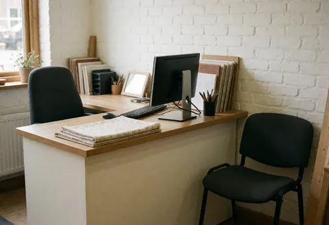 Wooden desk with computer, black chairs, fabric samples, and white brick wall. Professional and cozy atmosphere for furniture repair consultations.