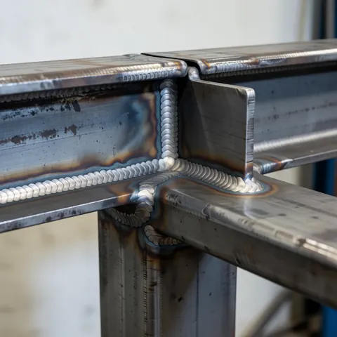 Welded metal joints with visible bead pattern in an industrial workshop. The metal surface shows rust spots and a polished finish against a blurred neutral wall.