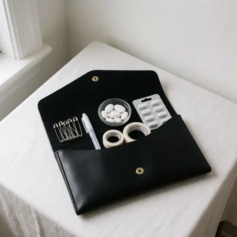 Open black clutch containing tweezers, tape, pills, and mints arranged on a white cloth surface.