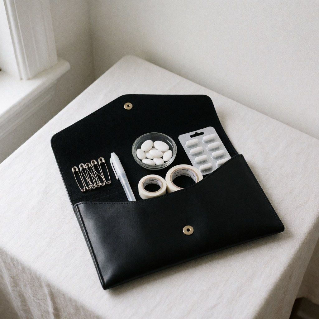 Open black clutch containing tweezers, tape, pills, and mints arranged on a white cloth surface.