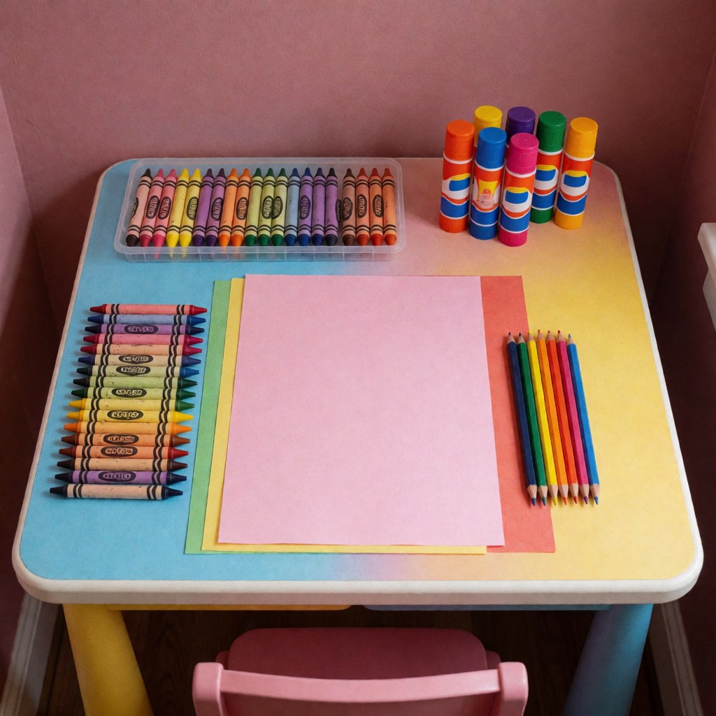 Children's art table featuring crayons, colored pencils, and pastel paper against a pink wall with bright, clean lighting.
