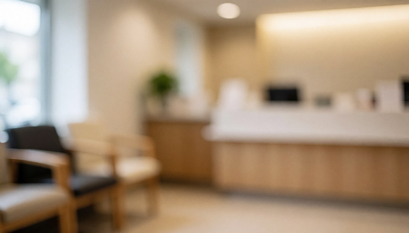 Soft focus background of a waiting area featuring chairs and a reception desk with warm lighting, suitable for commercial text overlays.