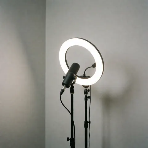 Professional microphone mounted on a stand with a bright ring light against a neutral gray background, ideal for video recording or studio interviews.