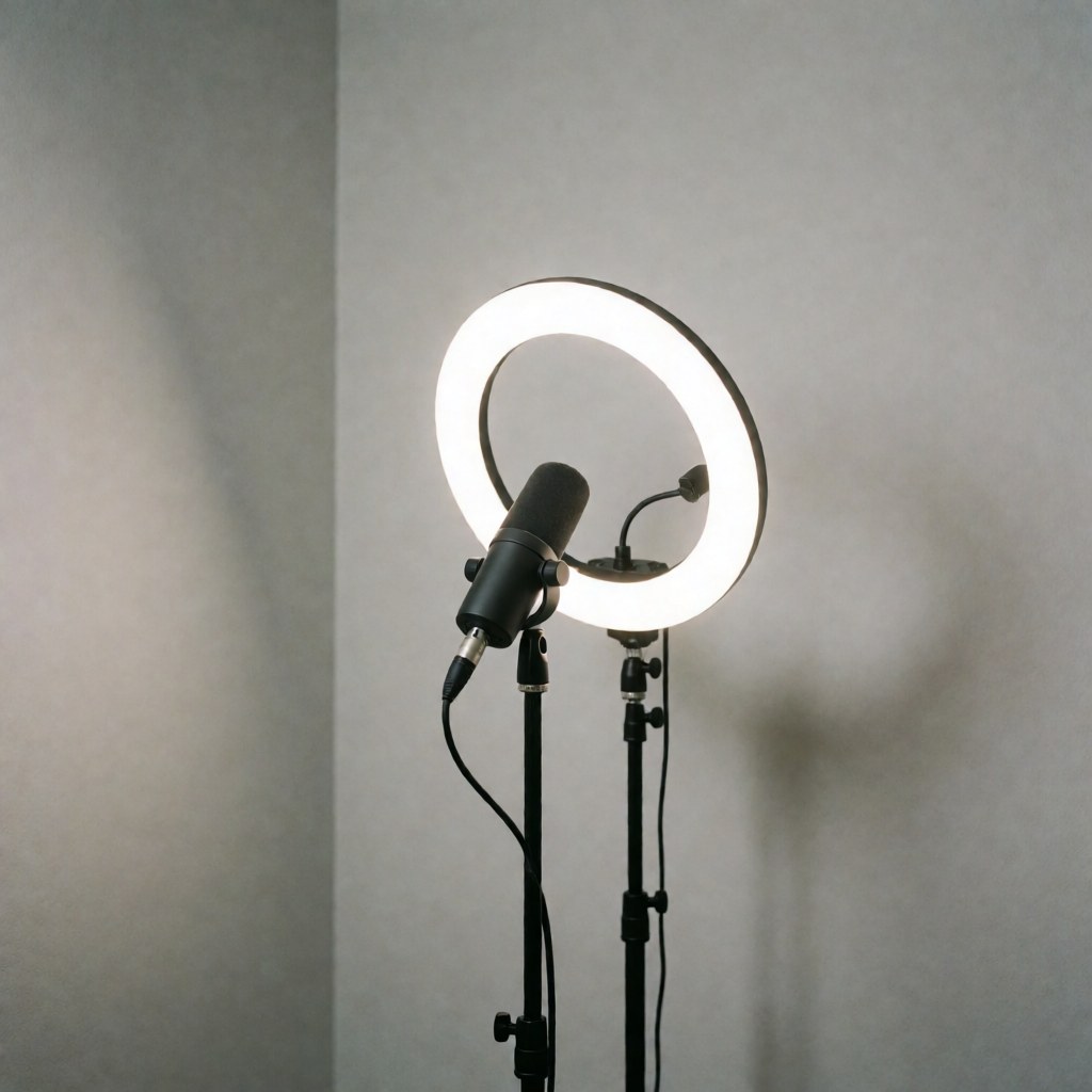 Professional microphone mounted on a stand with a bright ring light against a neutral gray background, ideal for video recording or studio interviews.