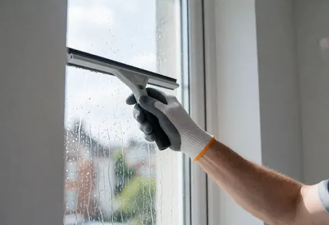 Gloved hand using a squeegee to clean a high window with water droplets sliding down against a blurred building background in bright natural light