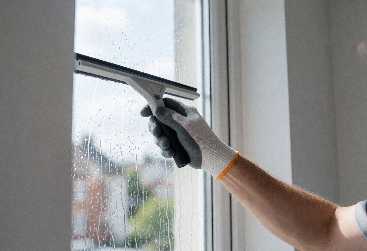 Gloved hand using a squeegee to clean a high window with water droplets sliding down against a blurred building background in bright natural light