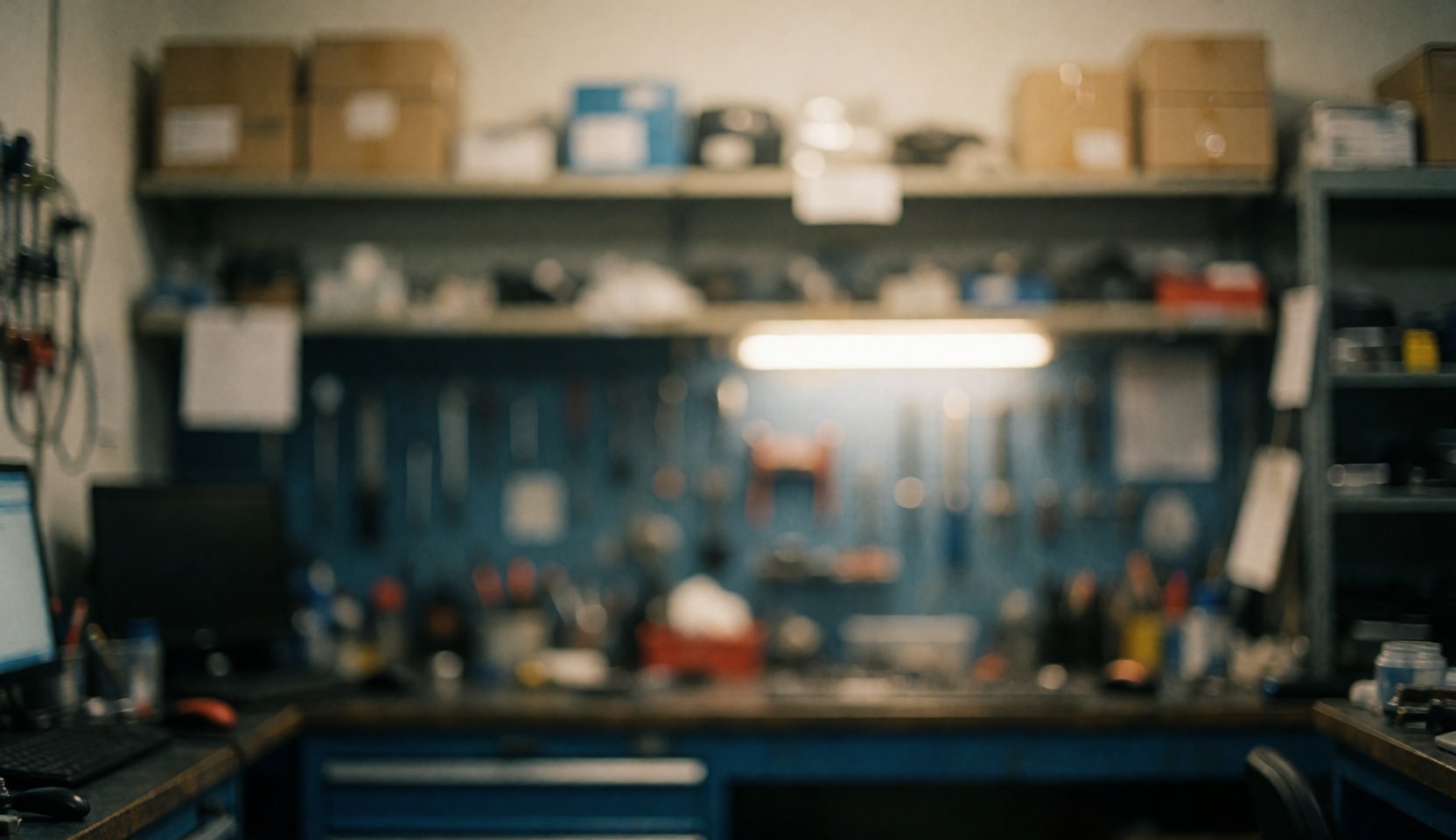 Out of focus background of a computer repair workshop featuring shelves, tools, and a computer with warm lighting and blue and grey tones