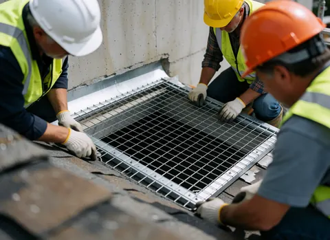 Workers in safety gear install metal ventilation grille on tiled roof with concrete wall background