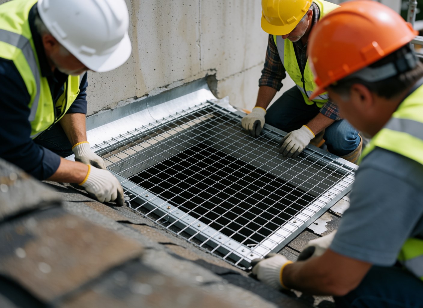 Workers in safety gear install metal ventilation grille on tiled roof with concrete wall background