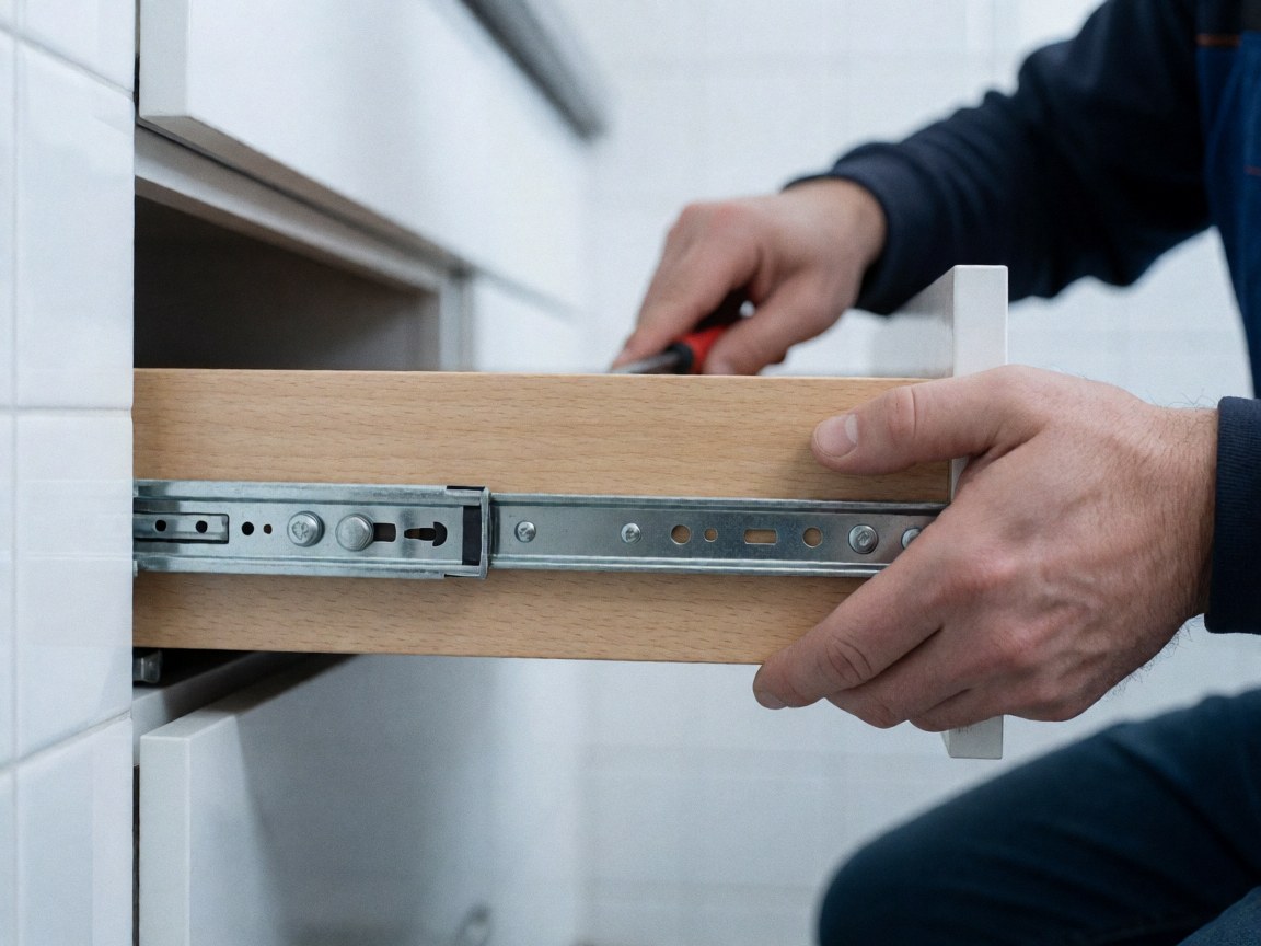 Close-up of hands using a tool to adjust the metal drawer slide mechanism in a kitchen with white tiled walls
