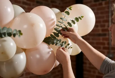 Professional event decorator arranging fresh eucalyptus branches on a balloon arch in a room with a brick wall
