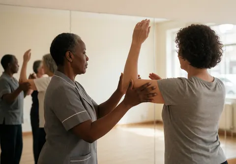 Dance instructor guides a student's arm position during a class in a studio with mirrors and natural light