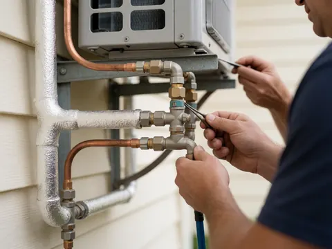 Insulated copper pipes connected to a heat pump condensing unit with hands adjusting a valve against a blurred house wall background