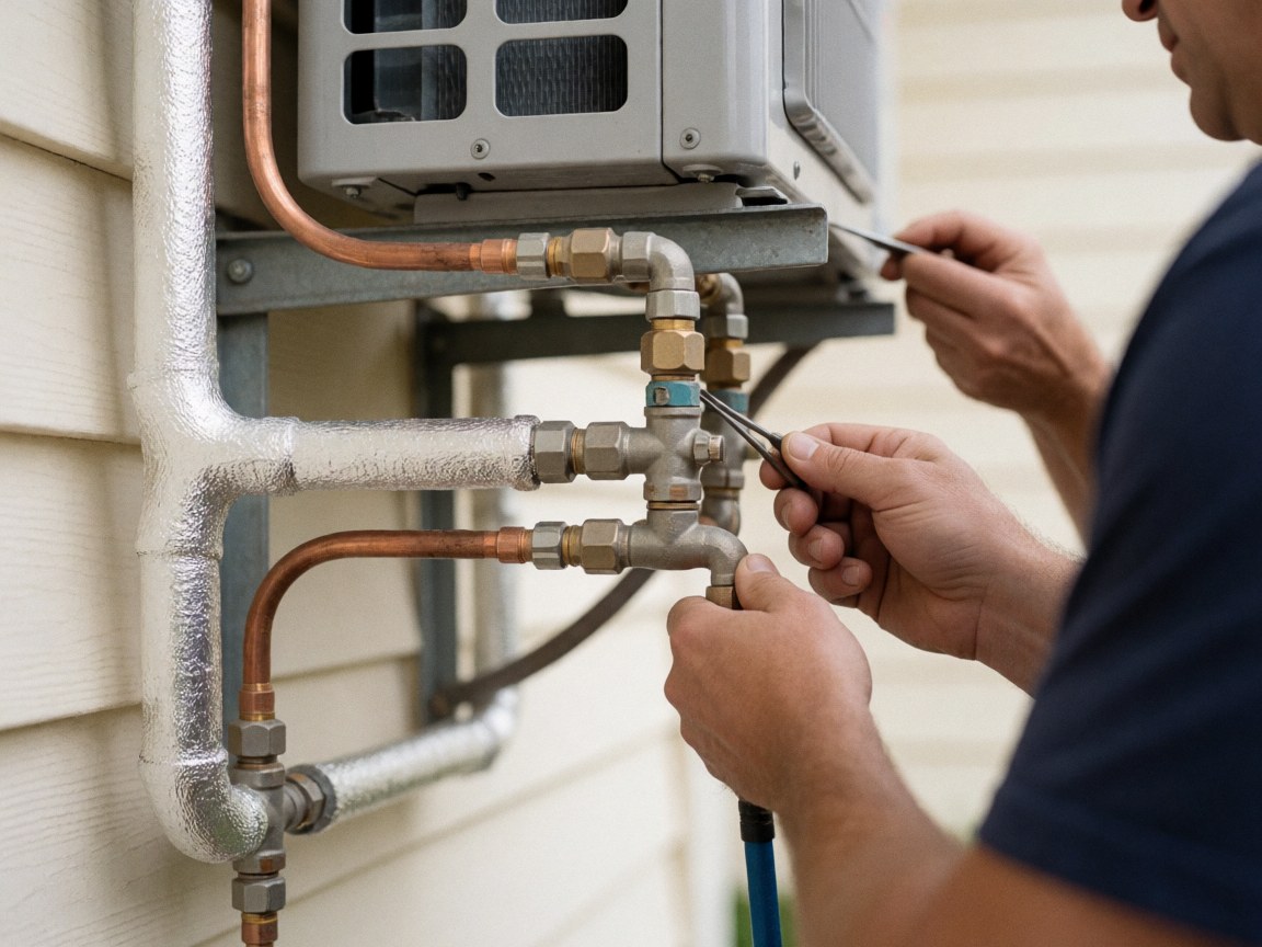 Insulated copper pipes connected to a heat pump condensing unit with hands adjusting a valve against a blurred house wall background