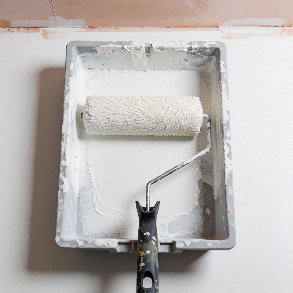 A white paint roller resting in a gray plastic tray, prepared for wall repair and painting tasks.